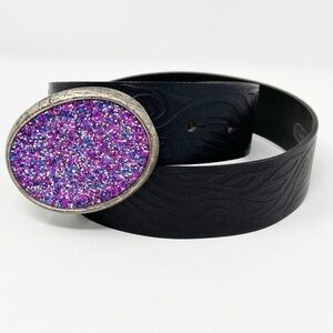 Black Embossed Leather Belt Purple Sparkle Buckle 90s Y2K